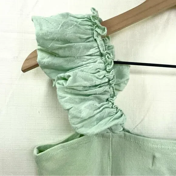 ANTHROPOLOGIE Puff Sleeve Cropped Tank Top Size L Mint Cottagecore Ribbed Cotton - Picture 5 of 11